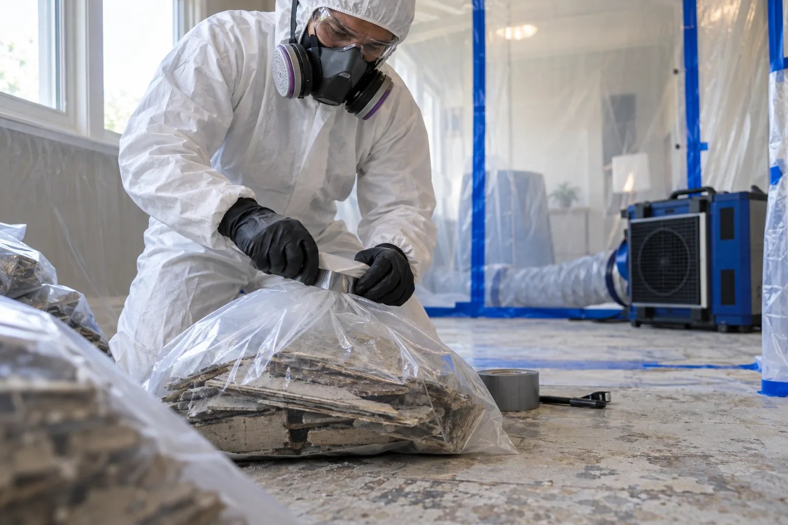Technician sealing removed building material inside a controlled abatement zone