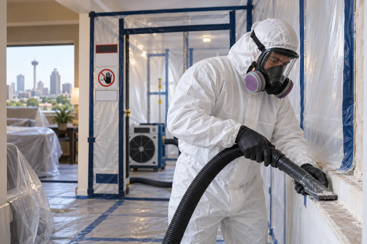 Protected technician working inside a contained residential asbestos abatement area