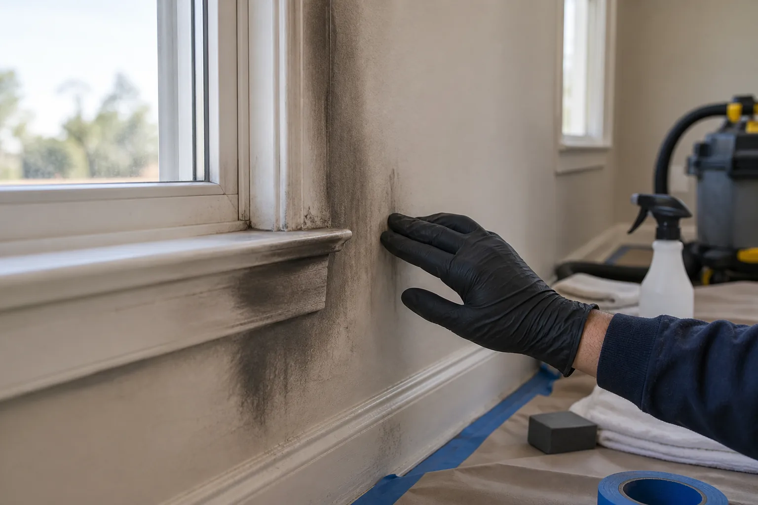 Technician inspecting smoke residue beside residential window trim