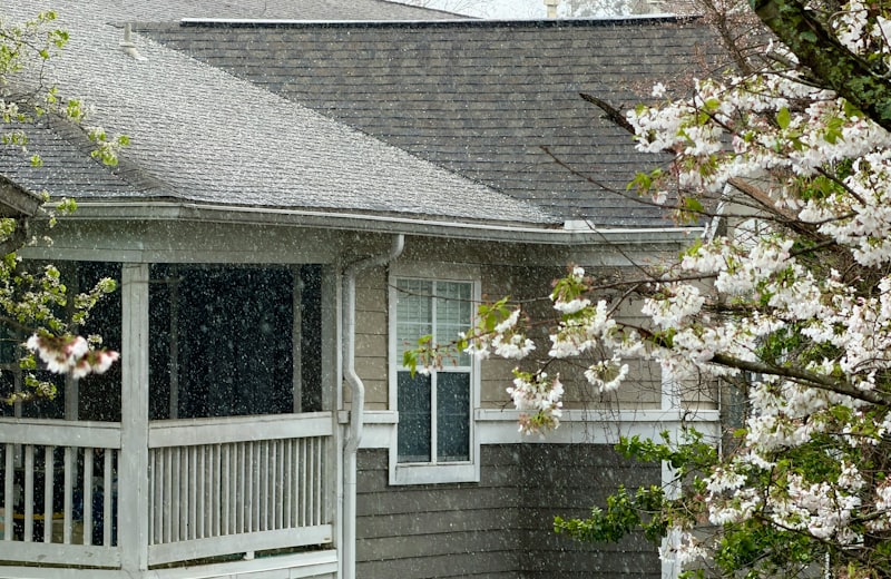 Home roofline and gutters framed by spring blossoms