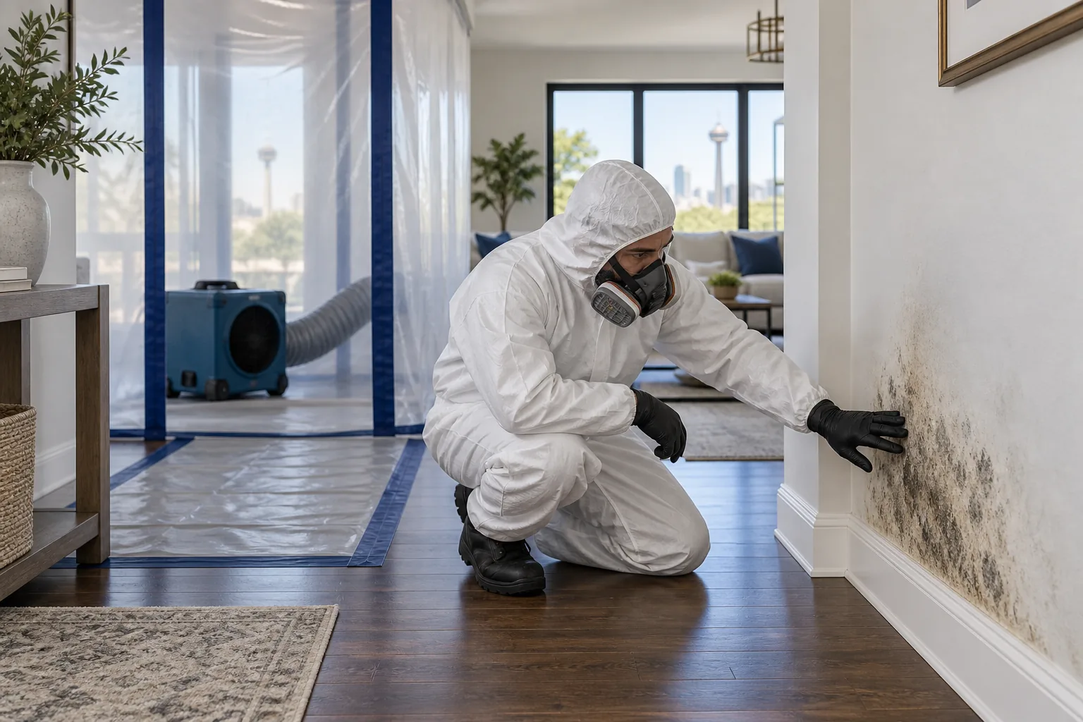 Remediation technician inspecting mold in a contained residential room